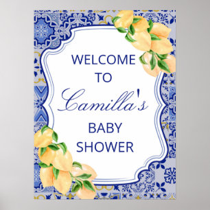 Editable Blue Tiles Lemon Citrus Sign Poster