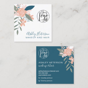 Editable boho florrosa blaues Logo Haar Make-up Quadratische Visitenkarte