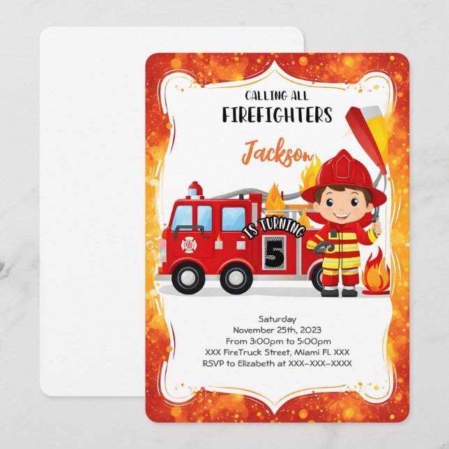 Editable Boy Fire Truck Birthday Einladung (Vorne/Hinten)