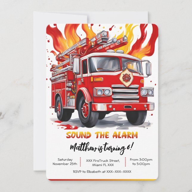 Editable Boy Fire Truck Birthday Einladung (Vorderseite)