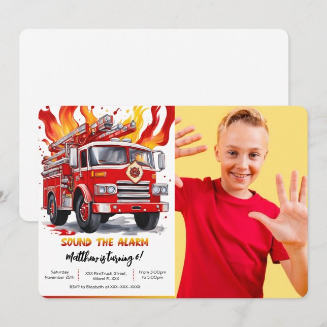 Editable Boy Fire Truck Birthday Foto Einladung (Vorne/Hinten)