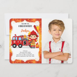 Editable Boy Fire Truck Birthday Foto Einladung