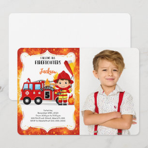 Editable Boy Fire Truck Birthday Foto Einladung