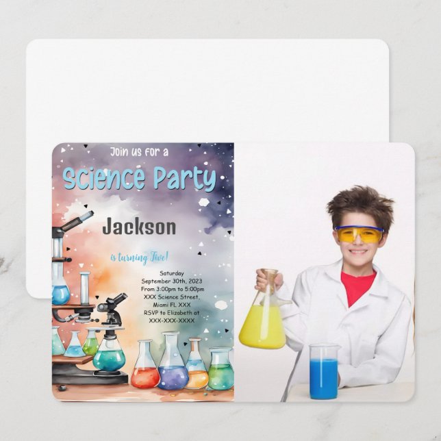 Editable Boy Science Birthday Party Foto Einladung (Vorne/Hinten)