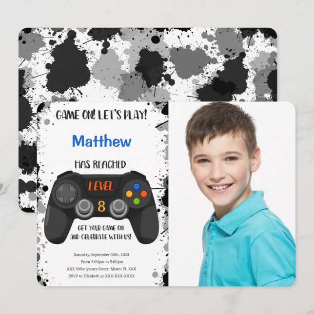Editable Boy Video Game Birthday Foto Einladung (Vorne/Hinten)