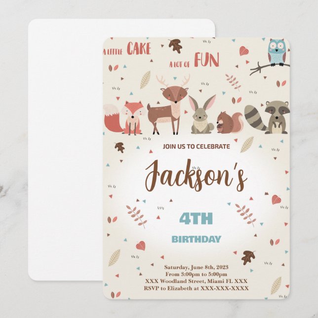 Editable Boy Woodland Birthday Einladung (Vorne/Hinten)