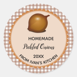 Editable Brown Gingham Pickled Onions Labels Runder Aufkleber