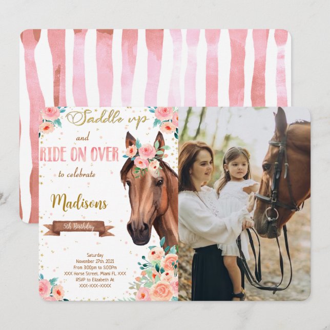 Editable Brown Horse Foto Einladung (Vorne/Hinten)