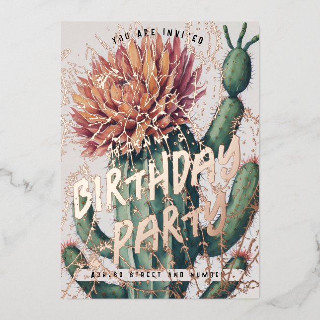 Editable Cactus Birthday Party Foil Einladung (Vorderseite)