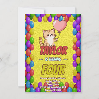 Editable Cat-Themed Birthday Invitation Balloon Einladung