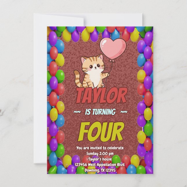 Editable Cat-Themed Birthday Invitation Balloon Einladung (Vorderseite)
