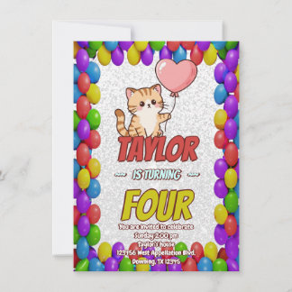 Editable Cat-Themed Birthday Invitation Balloons Einladung