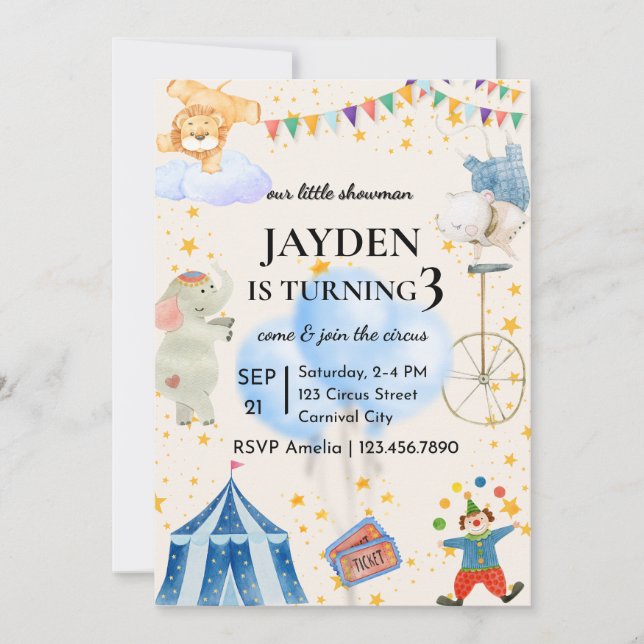 Editable Circus Birthday Invitation for Boys&Girls Einladung (Vorderseite)
