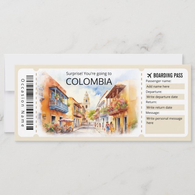 Editable Colombia Flugzeug Ticket, Colombia Trip Einladung (Vorderseite)