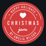 EDITABLE Color Christmas Jam Happy Holidays Runder Aufkleber<br><div class="desc">Rund moderner, feiner "Christmas Jam Happy Holidays" Aufkleber mit Herz und doppeltem Rand in Weiß vor einer bearbeitbaren Hintergrundfarbe (klicken Sie auf die gewünschte Hintergrundfarbe ändern). Es ist perfekt, um zu kennzeichnen, was Sie gemacht haben. Personalisieren Sie es, indem Sie den Platzhalter-Text ersetzen. Für weitere Optionen, wie zum Beispiel die...</div>