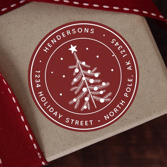 Editable Color Christmas Tree Rücksendeadresse Red Runder Aufkleber (Von Creator hochgeladen)