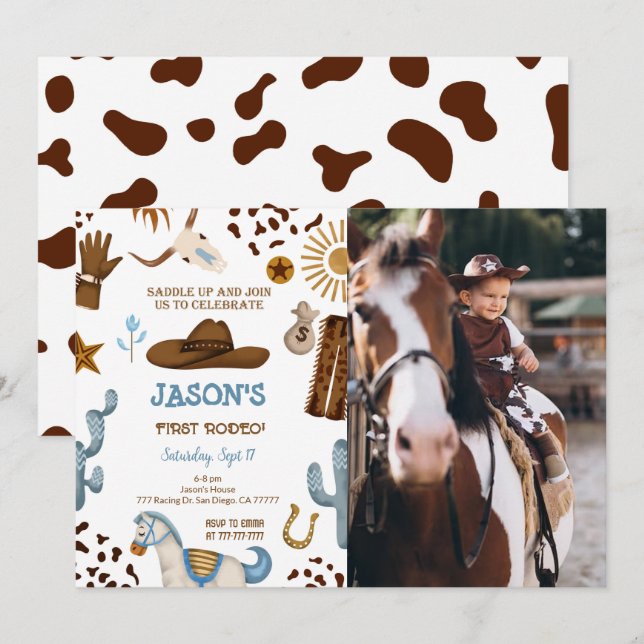 Editable Cowboy Birthday Foto Einladung (Vorne/Hinten)