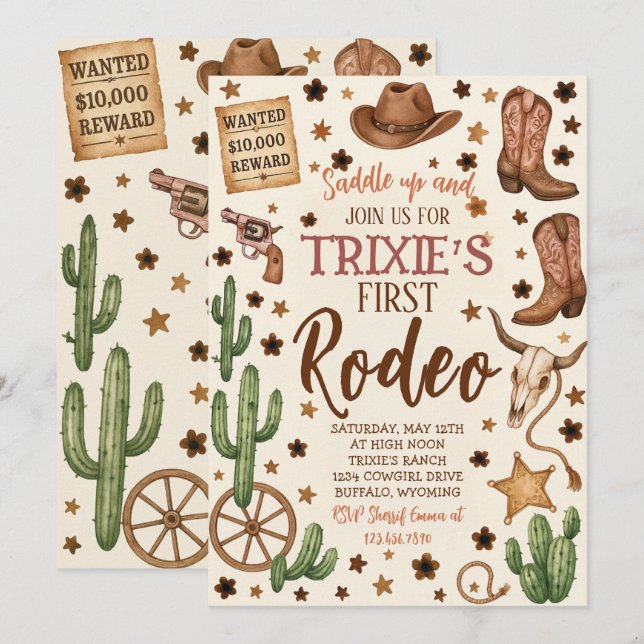 Editable Cowgirl Geburtstagsparty Einladung (Vorne/Hinten)