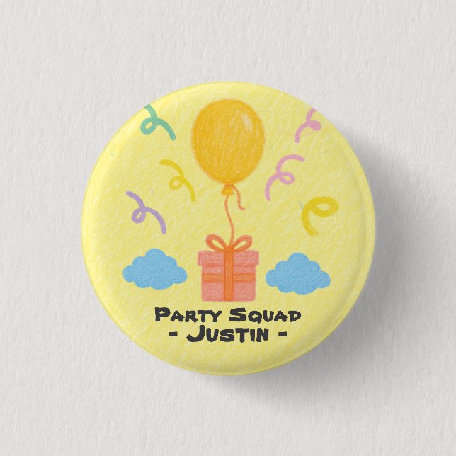 Editable Crayon Style – Balloon Bash Birthday Button (Vorderseite)