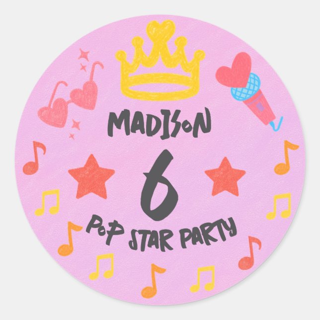 Editable Crayon Style - Pop Star Diva Birthday Runder Aufkleber (Vorderseite)