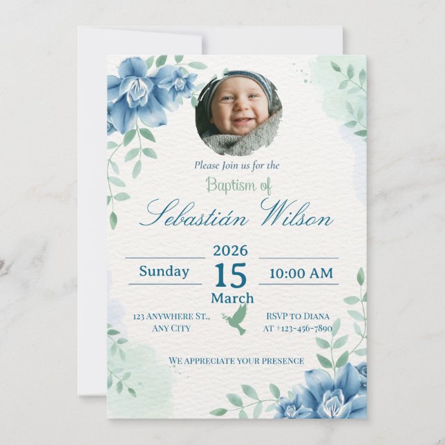 Editable Cute Baby Boy Baptism Einladung (Vorderseite)