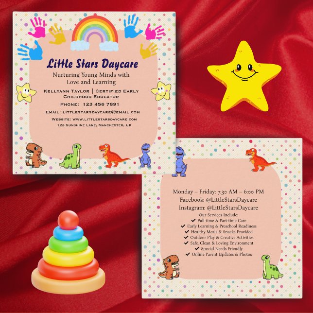 Editable Cute Rainbow Dino Preschool Card Design Quadratische Visitenkarte (Von Creator hochgeladen)