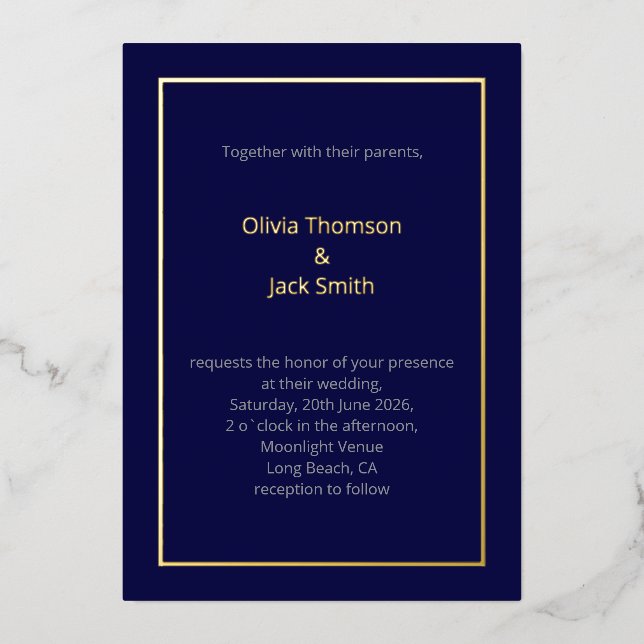 Editable Dark Blue Gold Wedding Foil Invitation Folieneinladung (Vorderseite)