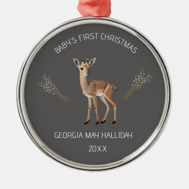 Editable Deer and Cattails Baby's First Christmas Ornament Aus Metall (Vorne)