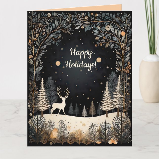 Editable Deer in the Woods Happy Holidays  Karte (Vorderseite)