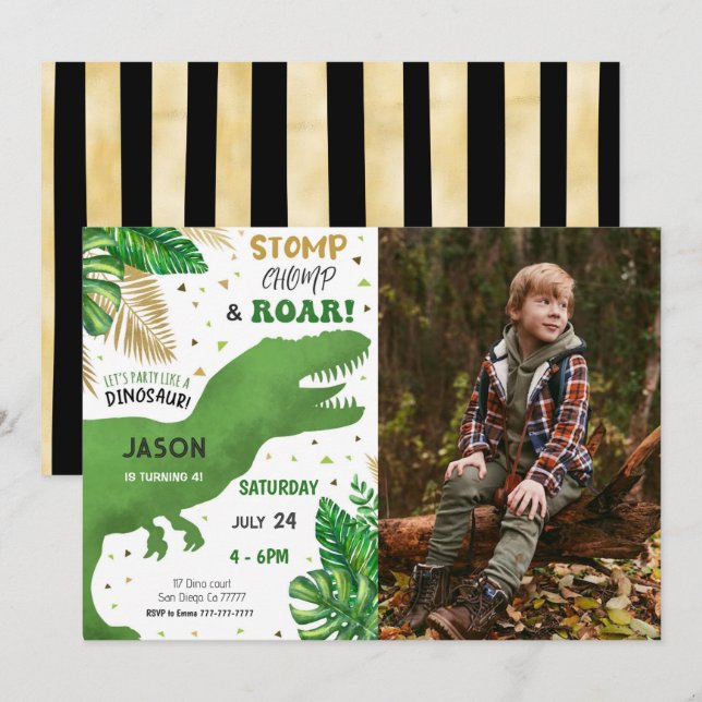 Editable Dinosaur Birthday Party Foto Einladung (Vorne/Hinten)