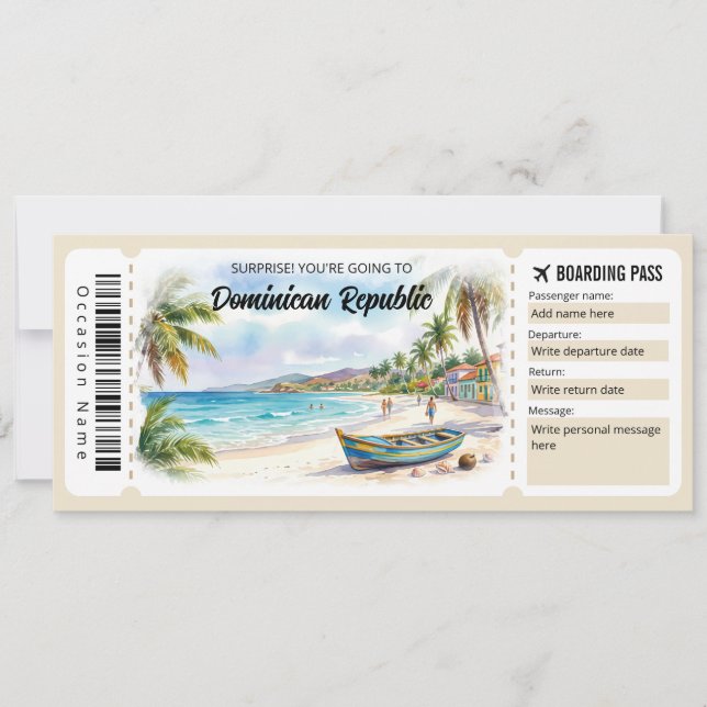 Editable Dominican Republic Trip Boarding Pass Einladung (Vorderseite)