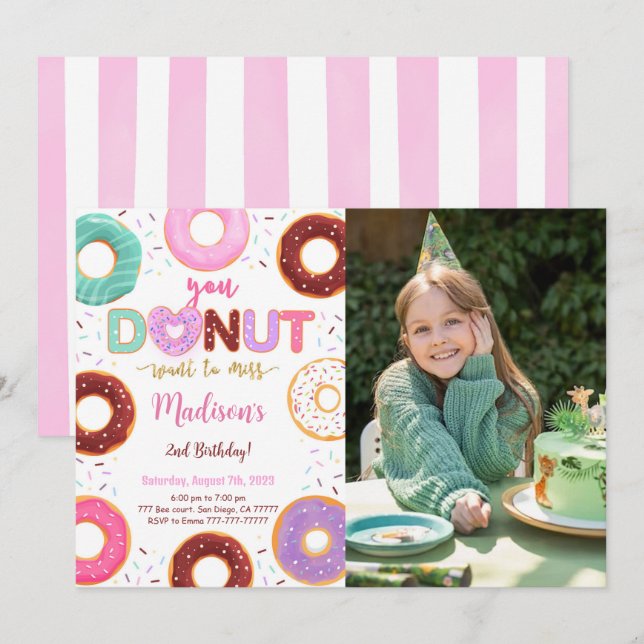 Editable Donut Birthday Party Foto Einladung (Vorne/Hinten)