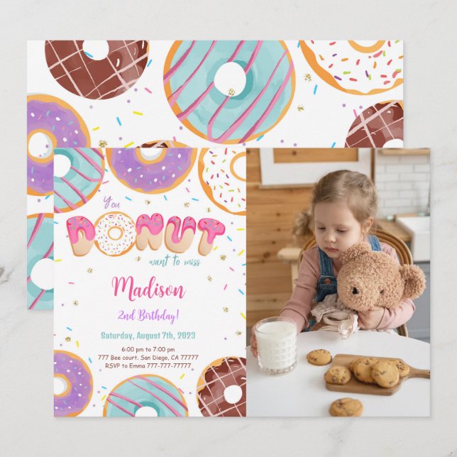 Editable Donut Birthday Party Foto Einladung (Vorne/Hinten)