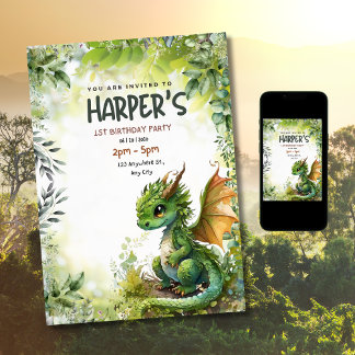Editable Dragon 1. Geburtstagsfeier Party Einladun Einladung