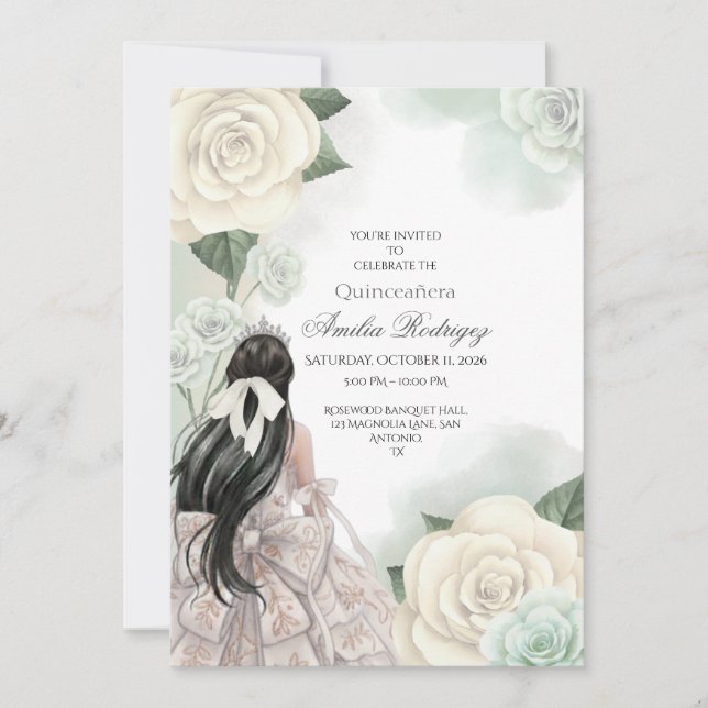 Editable Elegant White Gold Quinceñera Einladung (Vorderseite)