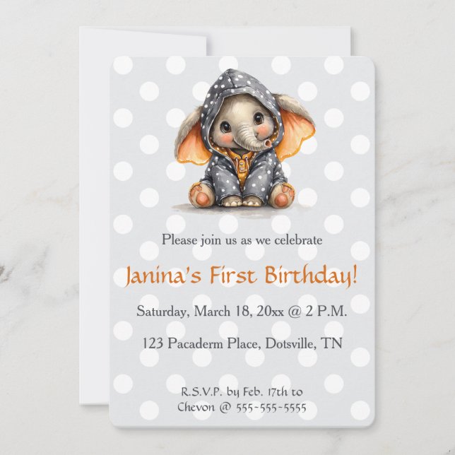 Editable Elephant in Polka Dots Birthday Einladung (Vorderseite)