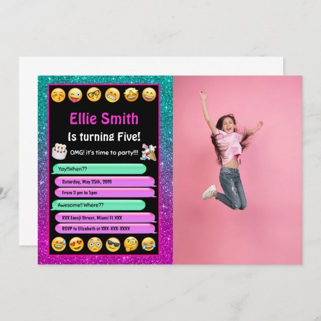 Editable Emoji Birthday Foto Einladung (Vorne/Hinten)