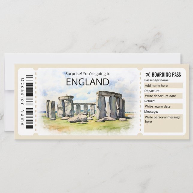 Editable England Flugzeug Ticket, England Trip Einladung (Vorderseite)