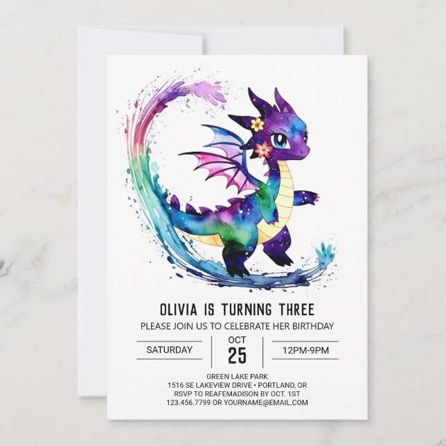 Editable Fantasy Dragon Digital Girl Birthday Einladung (Vorderseite)