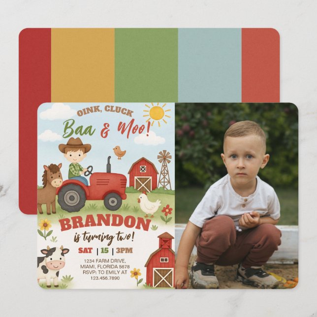Editable Farm Animals Birthday Photo Einladung (Vorne/Hinten)