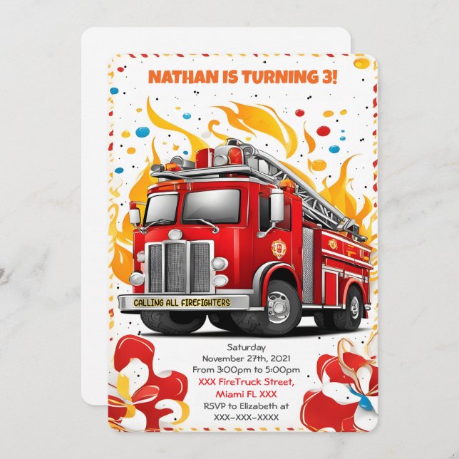 Editable Fire Truck Birthday Einladung (Vorne/Hinten)