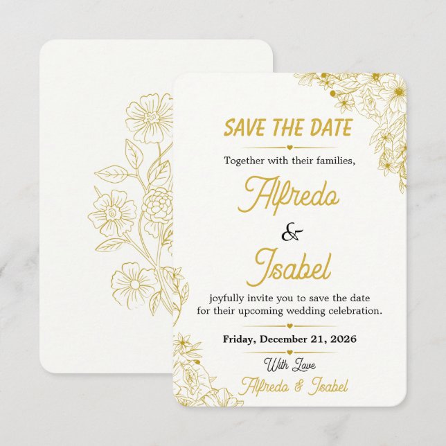 Éditable Fleur Or Save The Date (Devant / Derrière)