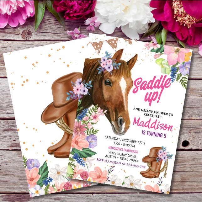 Editable Floral Cowgirl Horse Birthday Einladung (Von Creator hochgeladen)