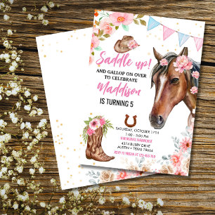 Editable Floral Cowgirl Horse Birthday Einladung