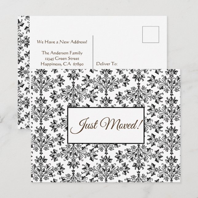 Editable Floral Damask Schwarz auf Weiß gerade bew Postkarte (Vorne/Hinten)