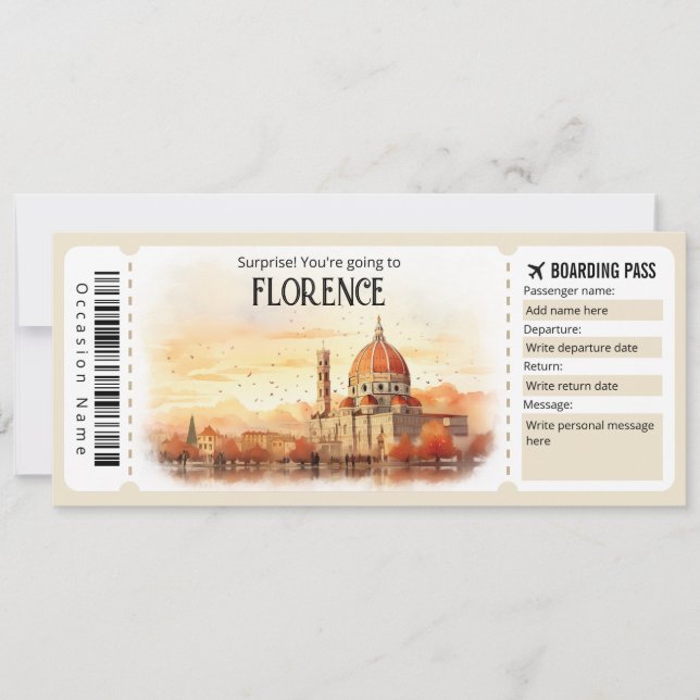 Editable Florenz Flugzeug Ticket, Italien Trip Einladung (Vorderseite)