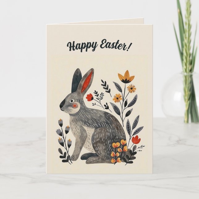 Editable Folk Art Bunny Card Karte (Vorderseite)