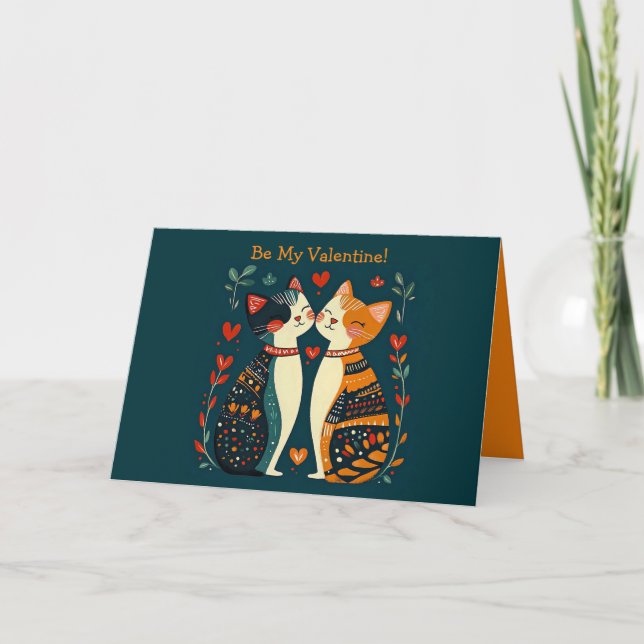Editable Folk Art Cats Valentinstag Karte (Vorderseite)