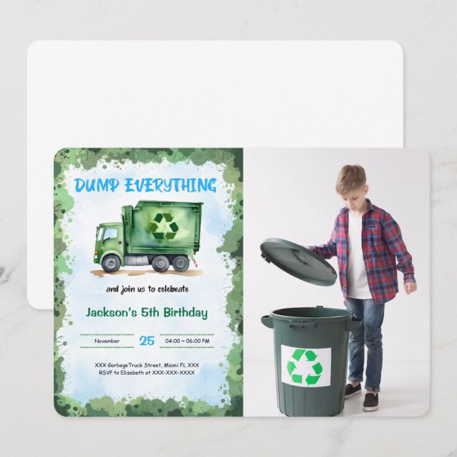 Editable Garbage Truck Birthday Party Foto Einladung (Vorne/Hinten)