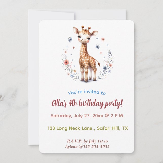 Editable Giraffe Flowers and Butterflies Einladung (Vorderseite)